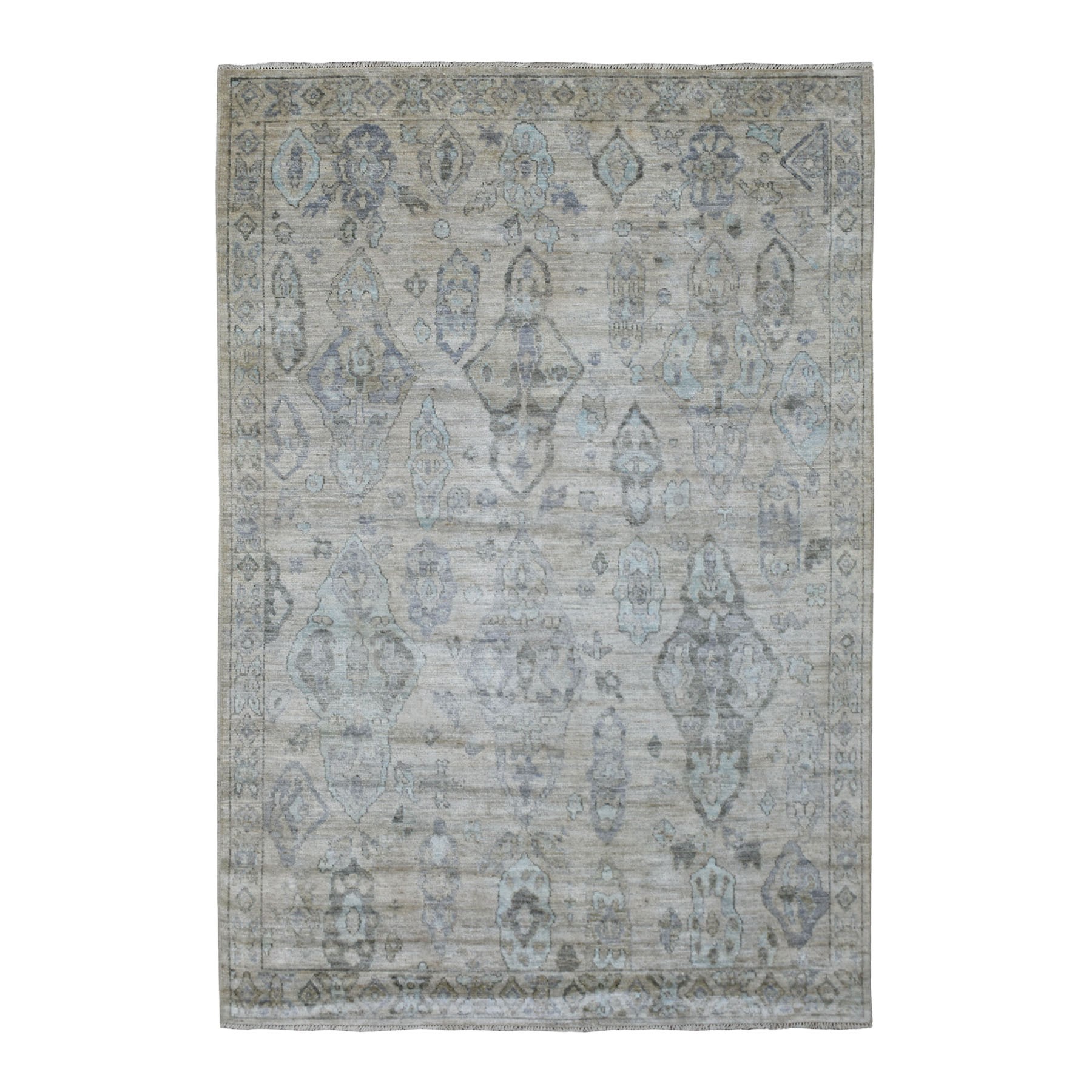 6'3"x9' Beige Angora Oushak with Geometric Leaf Design Hand Knotted Soft Afghan Wool Oriental Rug 